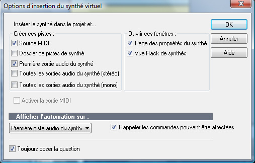 boîte Options d'insertion du synthé virtuel