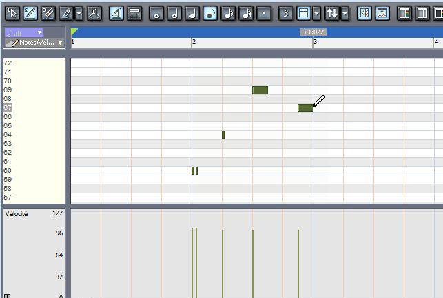 insertion de notes dans la piste MIDI en vue Piano Roll