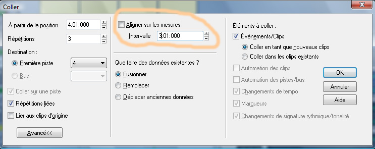 option changée dans boîte Coller