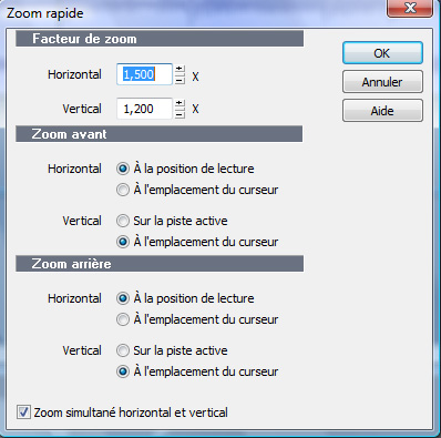boîte Options de zoom rapide