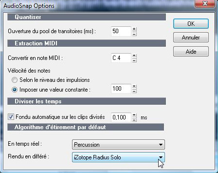 boîte AudioSnap Options